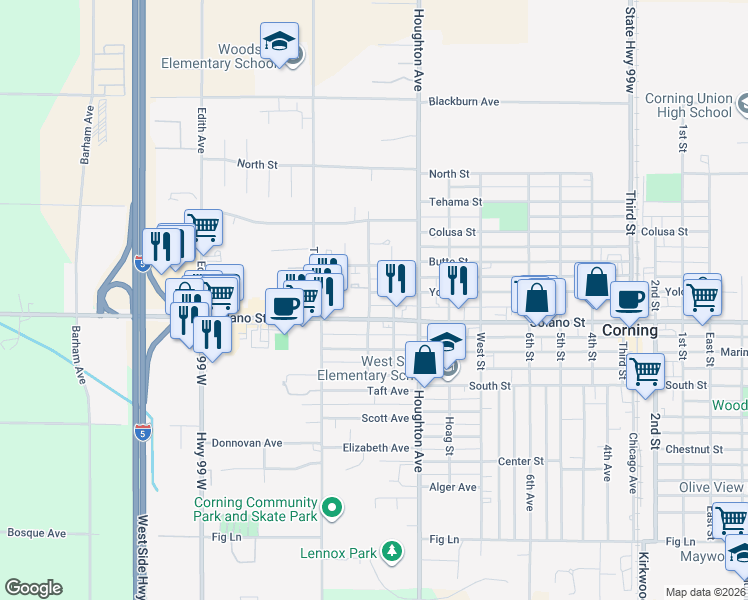 map of restaurants, bars, coffee shops, grocery stores, and more near 749 Lincoln Avenue in Corning