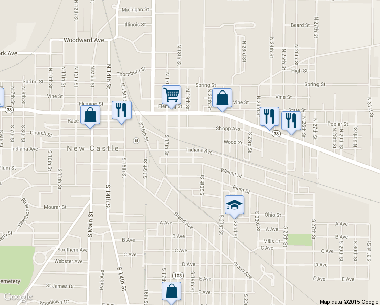 map of restaurants, bars, coffee shops, grocery stores, and more near 1817 Indiana Ave in New Castle