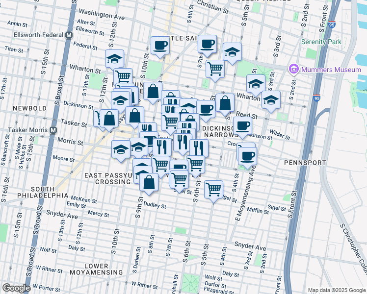 map of restaurants, bars, coffee shops, grocery stores, and more near 1612 South 7th Street in Philadelphia