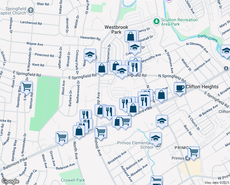 map of restaurants, bars, coffee shops, grocery stores, and more near 5242 Fairhaven Road in Clifton Heights