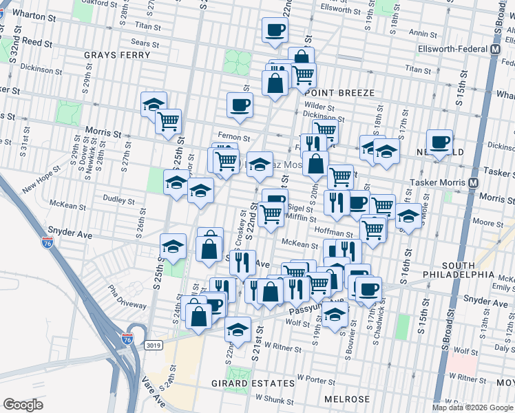 map of restaurants, bars, coffee shops, grocery stores, and more near 2129 Mifflin Street in Philadelphia