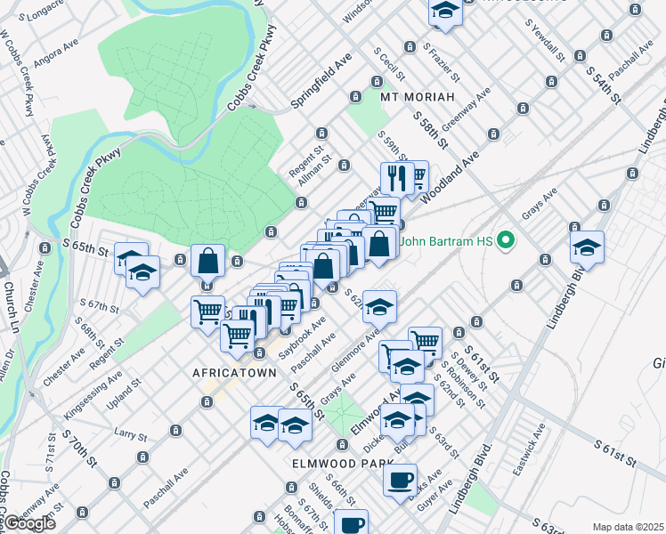 map of restaurants, bars, coffee shops, grocery stores, and more near 6214 Woodland Avenue in Philadelphia