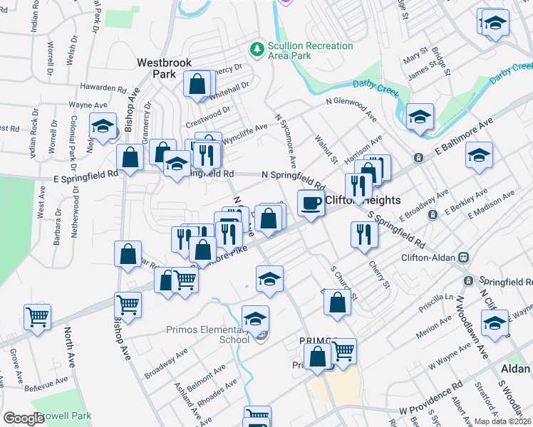 map of restaurants, bars, coffee shops, grocery stores, and more near 250 Davis Avenue in Clifton Heights