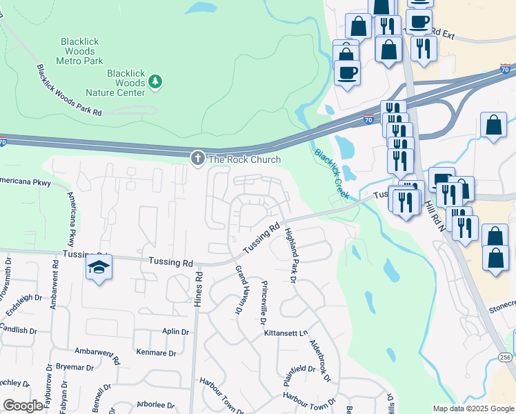 map of restaurants, bars, coffee shops, grocery stores, and more near 7541 Woodbranch Lane in Etna