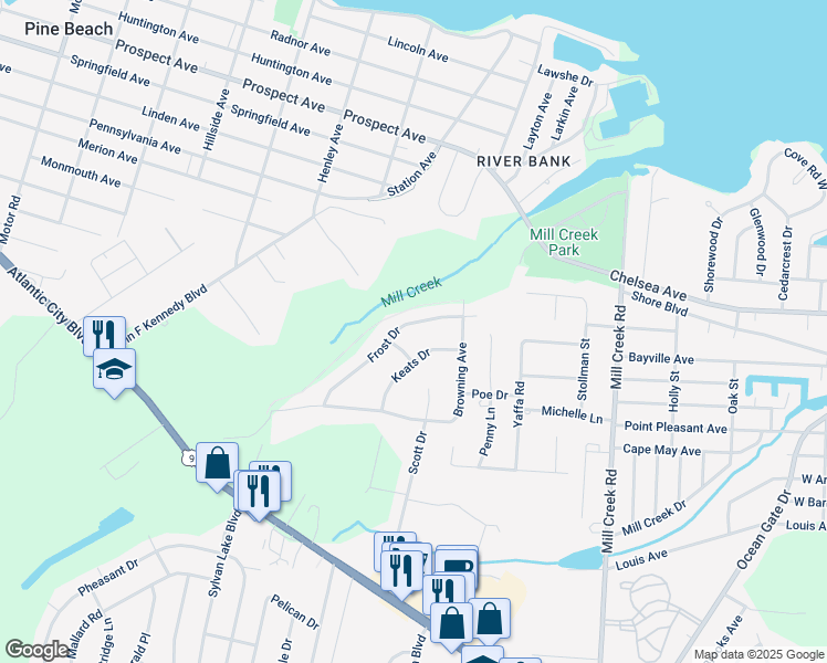 map of restaurants, bars, coffee shops, grocery stores, and more near 18 Frost Drive in Berkeley Township