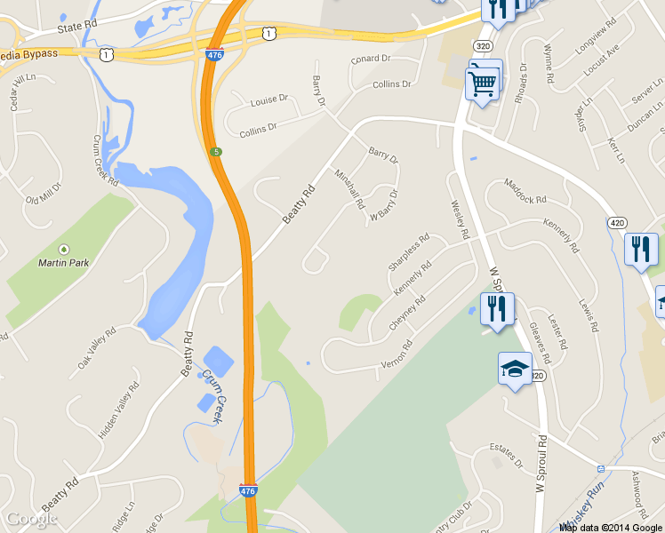 map of restaurants, bars, coffee shops, grocery stores, and more near 692 Old School House Drive in Springfield