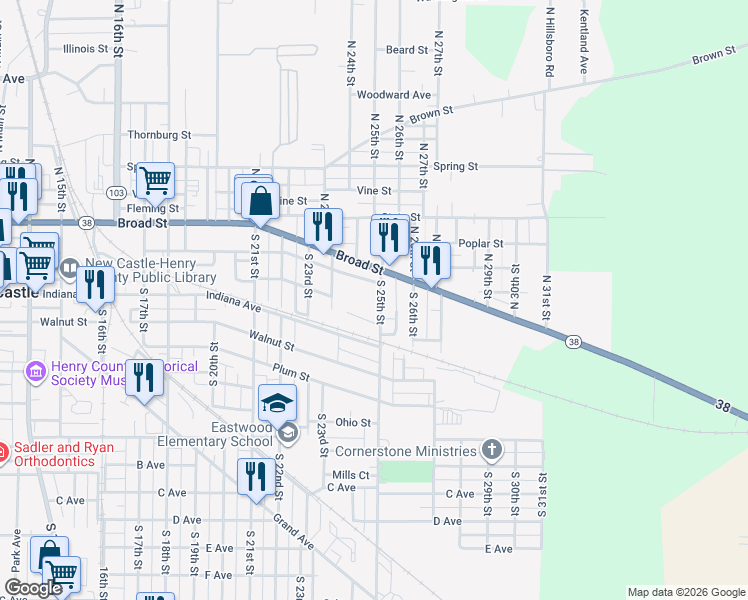 map of restaurants, bars, coffee shops, grocery stores, and more near 205 South 25th Street in New Castle