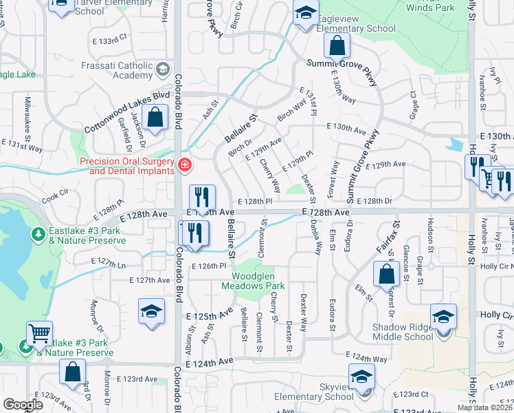 map of restaurants, bars, coffee shops, grocery stores, and more near 4484 East 128th Place in Thornton