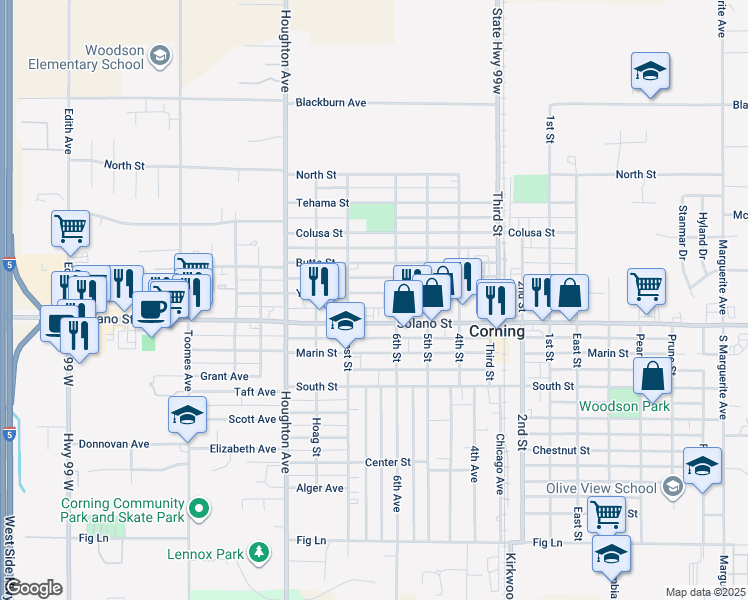 map of restaurants, bars, coffee shops, grocery stores, and more near 1419 Yolo Street in Corning