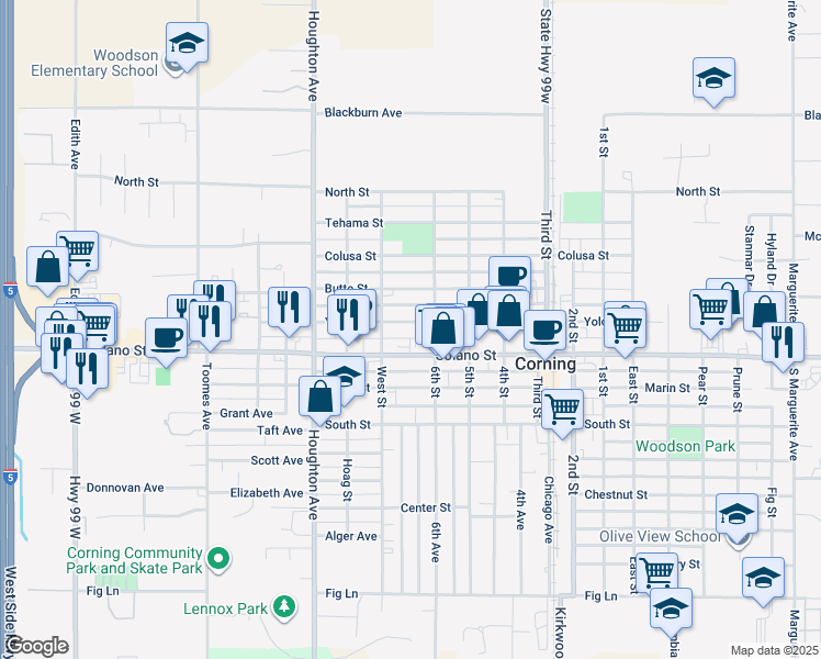 map of restaurants, bars, coffee shops, grocery stores, and more near 1419 Yolo Street in Corning