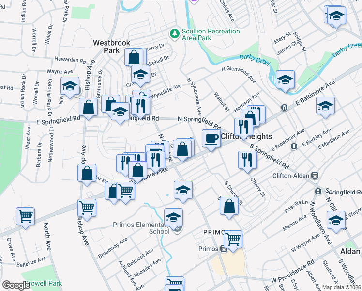 map of restaurants, bars, coffee shops, grocery stores, and more near 250 Davis Avenue in Clifton Heights