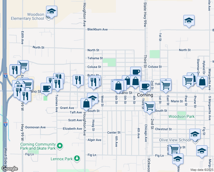 map of restaurants, bars, coffee shops, grocery stores, and more near 1427 Yolo Street in Corning