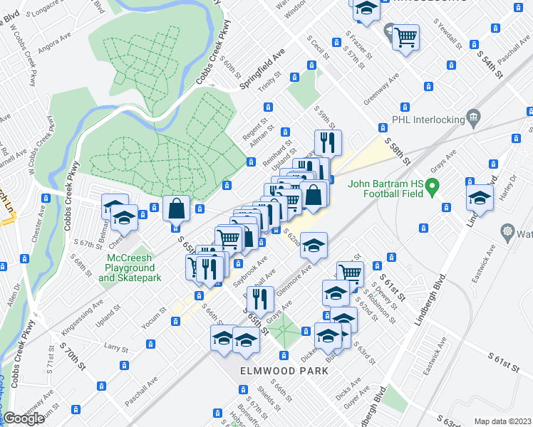 map of restaurants, bars, coffee shops, grocery stores, and more near 6159 Yocum Street in Philadelphia