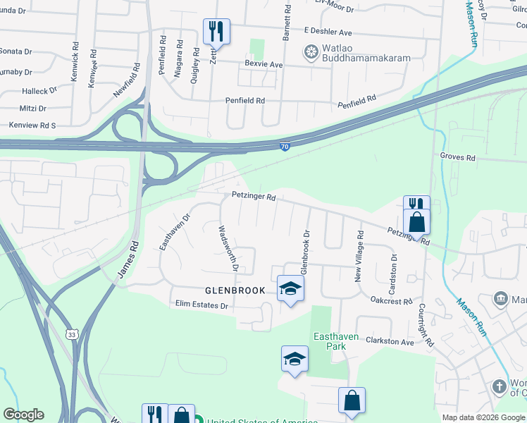map of restaurants, bars, coffee shops, grocery stores, and more near 2105 Gaylord Place in Columbus