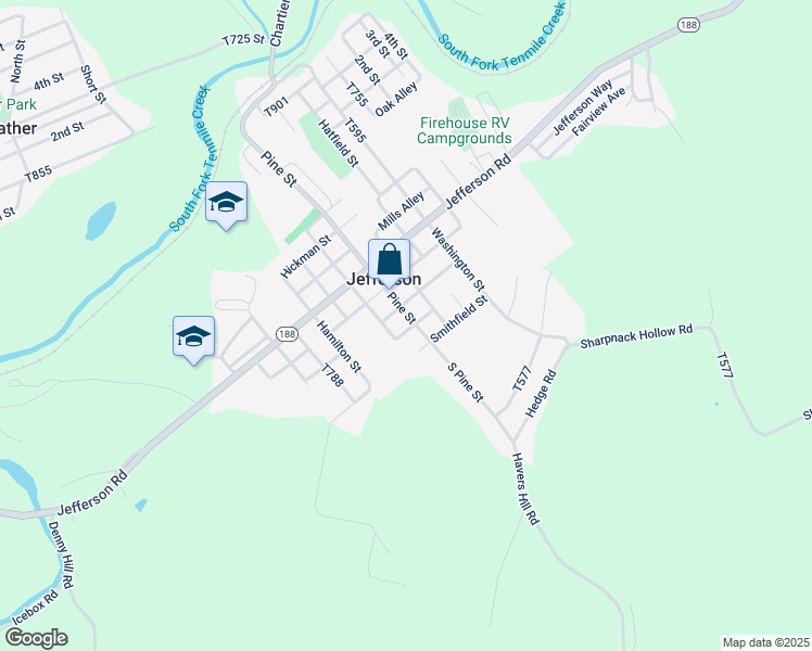 map of restaurants, bars, coffee shops, grocery stores, and more near 117 South Pine Street in Jefferson