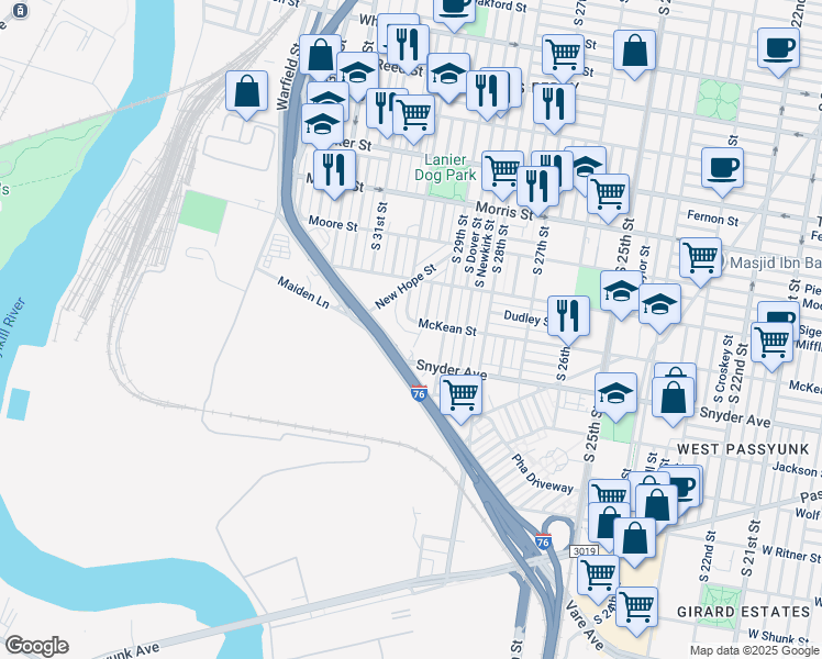 map of restaurants, bars, coffee shops, grocery stores, and more near 2938 McKean Street in Philadelphia