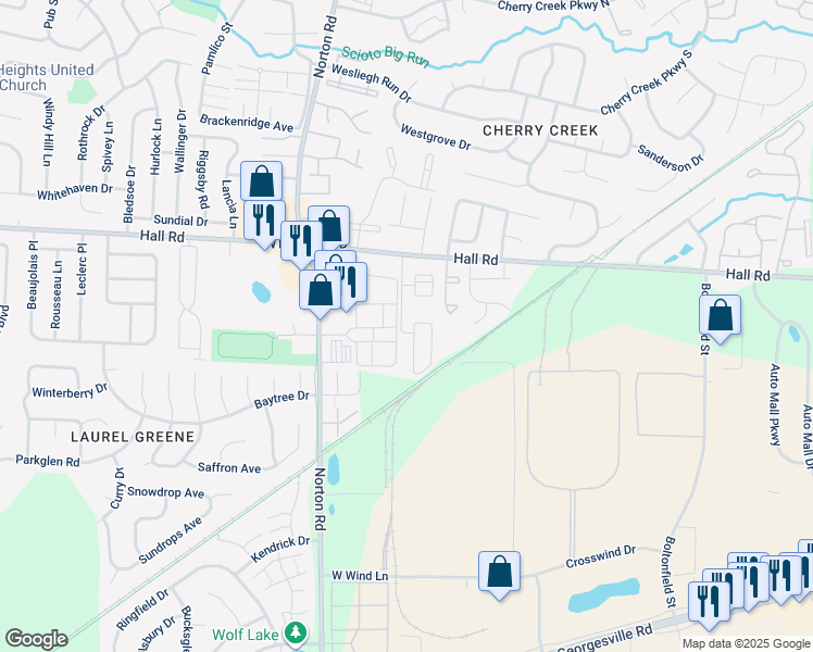 map of restaurants, bars, coffee shops, grocery stores, and more near 1112 Ashberry Village Drive in Columbus