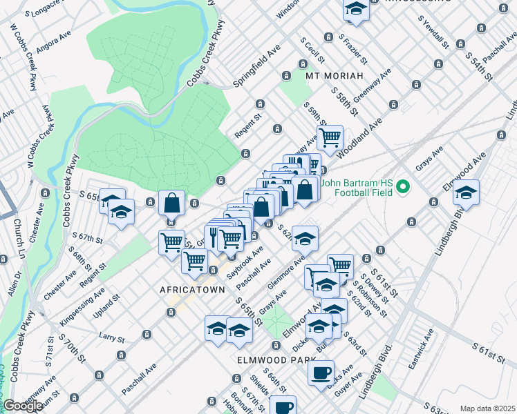 map of restaurants, bars, coffee shops, grocery stores, and more near 6159 Yocum Street in Philadelphia