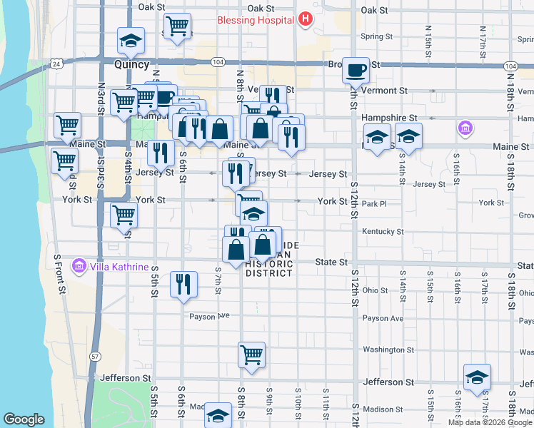 map of restaurants, bars, coffee shops, grocery stores, and more near 320 South 9th Street in Quincy
