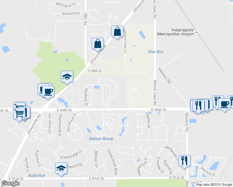 map of restaurants, bars, coffee shops, grocery stores, and more near 9815 River Oak Lane East in Fishers