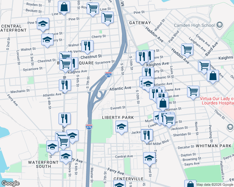 map of restaurants, bars, coffee shops, grocery stores, and more near 1444 South 8th Street in Camden