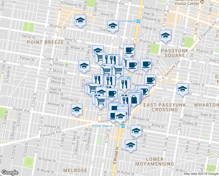 map of restaurants, bars, coffee shops, grocery stores, and more near 1743 South Mole Street in Philadelphia