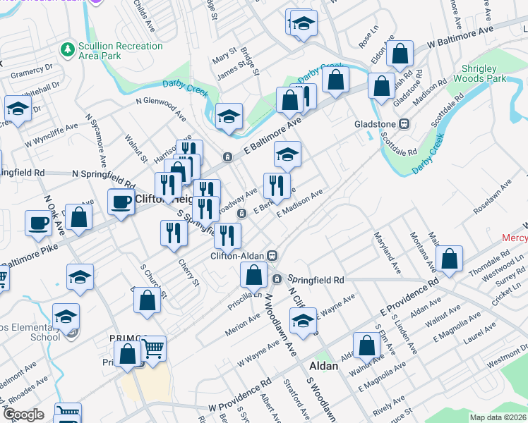 map of restaurants, bars, coffee shops, grocery stores, and more near 118 East Berkley Avenue in Clifton Heights