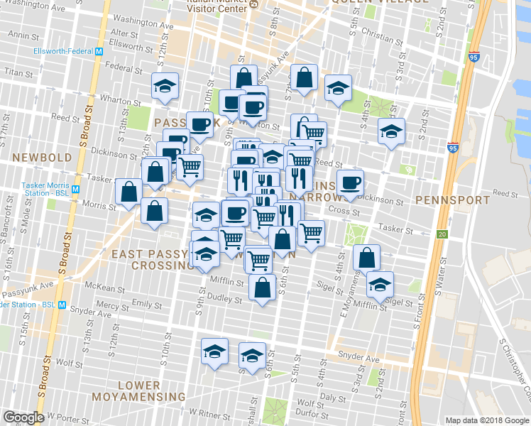 map of restaurants, bars, coffee shops, grocery stores, and more near 1610 South 7th Street in Philadelphia