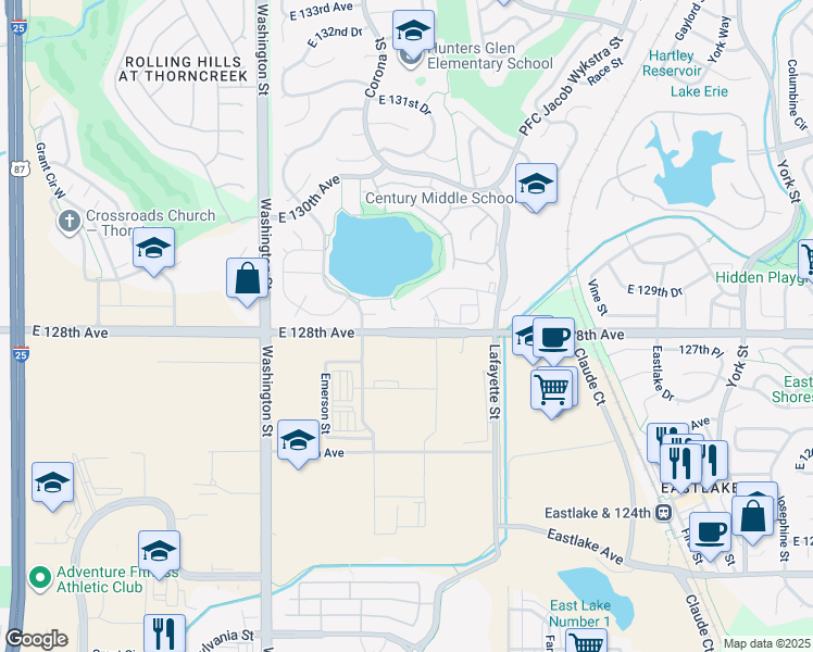 map of restaurants, bars, coffee shops, grocery stores, and more near 12801 Lafayette Street in Thornton