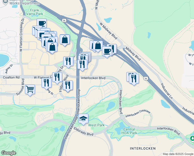 map of restaurants, bars, coffee shops, grocery stores, and more near 559 Interlocken Boulevard in Broomfield