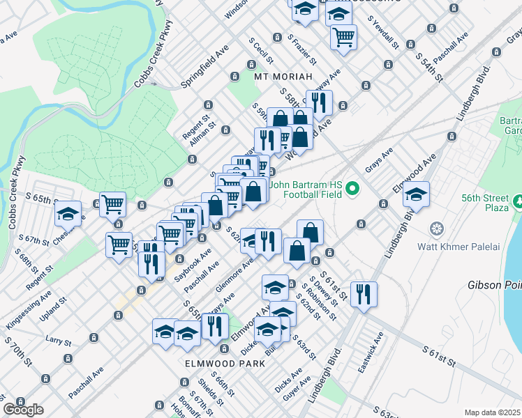 map of restaurants, bars, coffee shops, grocery stores, and more near 6042 Woodland Avenue in Philadelphia