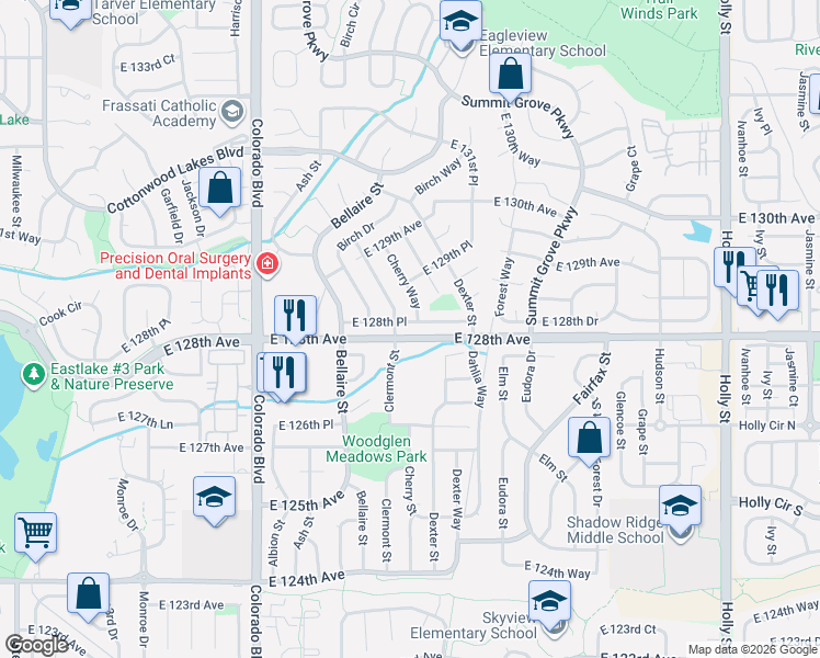 map of restaurants, bars, coffee shops, grocery stores, and more near 4540 East 128th Place in Thornton