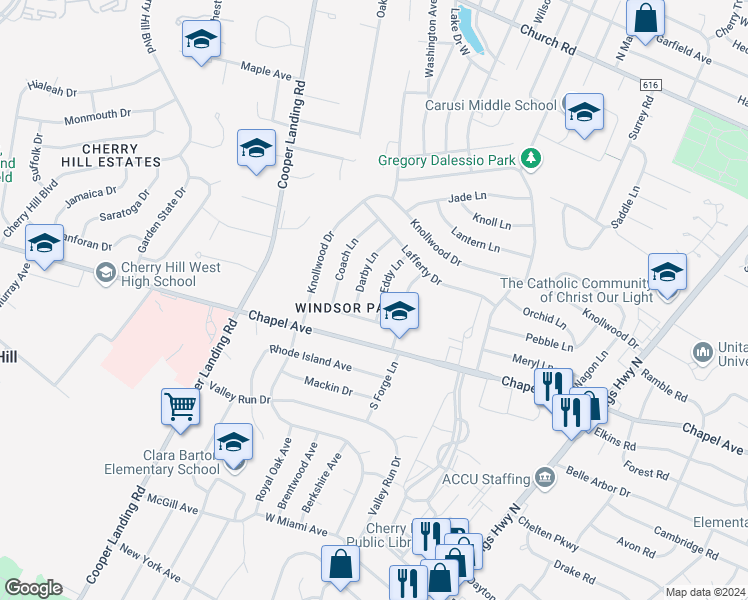 map of restaurants, bars, coffee shops, grocery stores, and more near 4 Eddy Lane in Cherry Hill