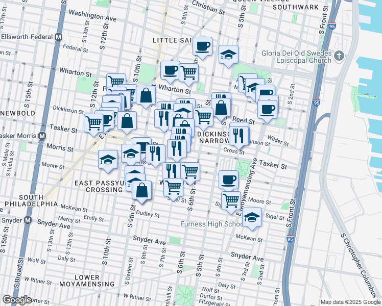 map of restaurants, bars, coffee shops, grocery stores, and more near 619 Fernon Street in Philadelphia