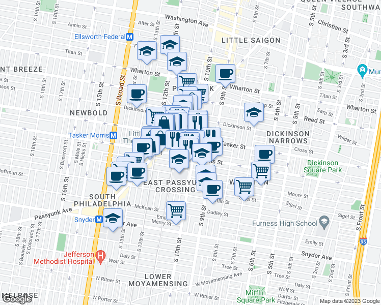 map of restaurants, bars, coffee shops, grocery stores, and more near 1640 South 10th Street in Philadelphia