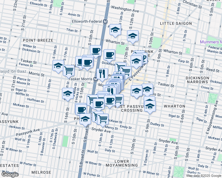 map of restaurants, bars, coffee shops, grocery stores, and more near 1719 South 13th Street in Philadelphia