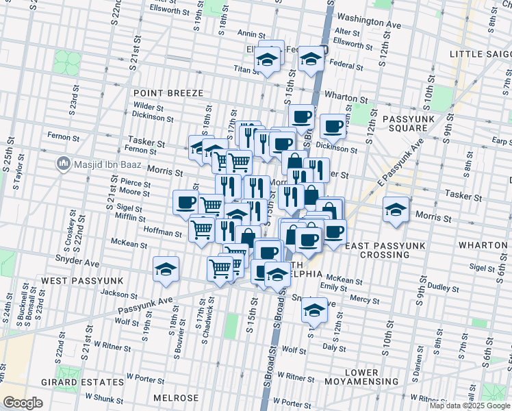 map of restaurants, bars, coffee shops, grocery stores, and more near 1743 South Mole Street in Philadelphia