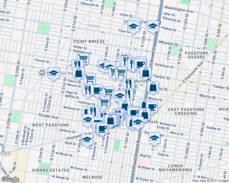 map of restaurants, bars, coffee shops, grocery stores, and more near 1804 South 17th Street in Philadelphia