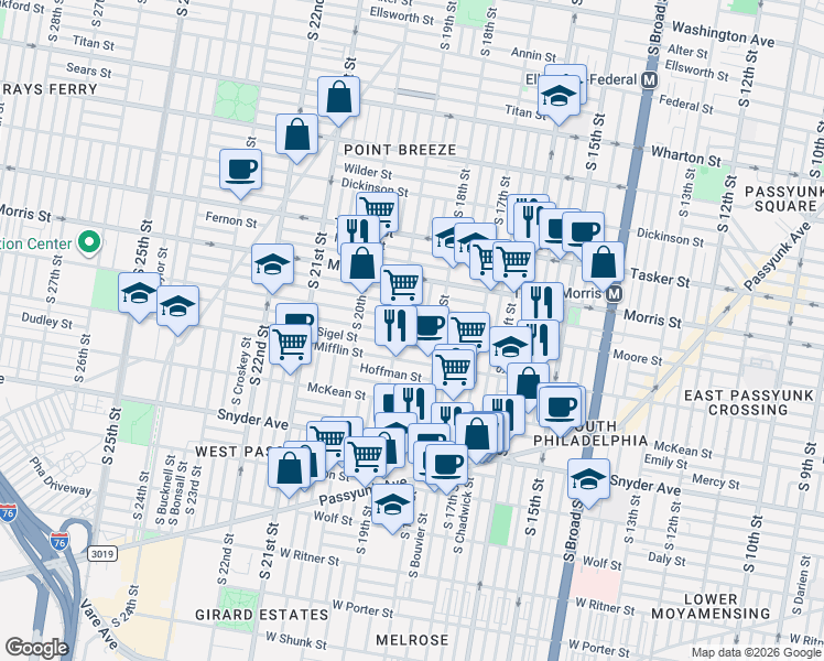 map of restaurants, bars, coffee shops, grocery stores, and more near 1854 McClellan Street in Philadelphia