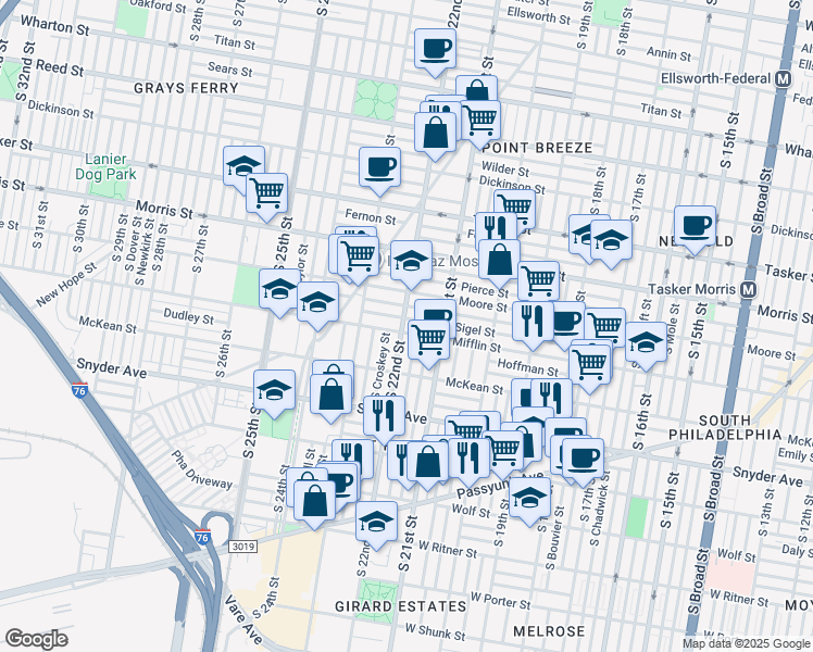 map of restaurants, bars, coffee shops, grocery stores, and more near 2129 Mifflin Street in Philadelphia