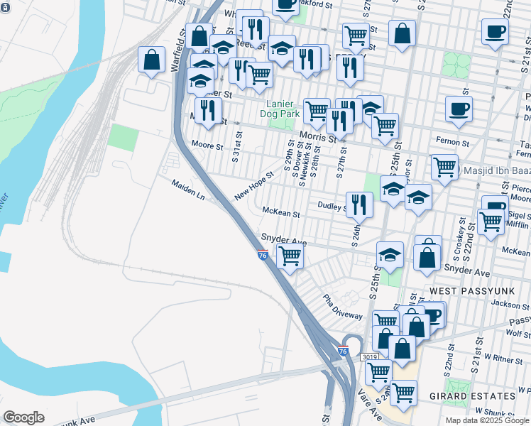 map of restaurants, bars, coffee shops, grocery stores, and more near 2938 McKean Street in Philadelphia