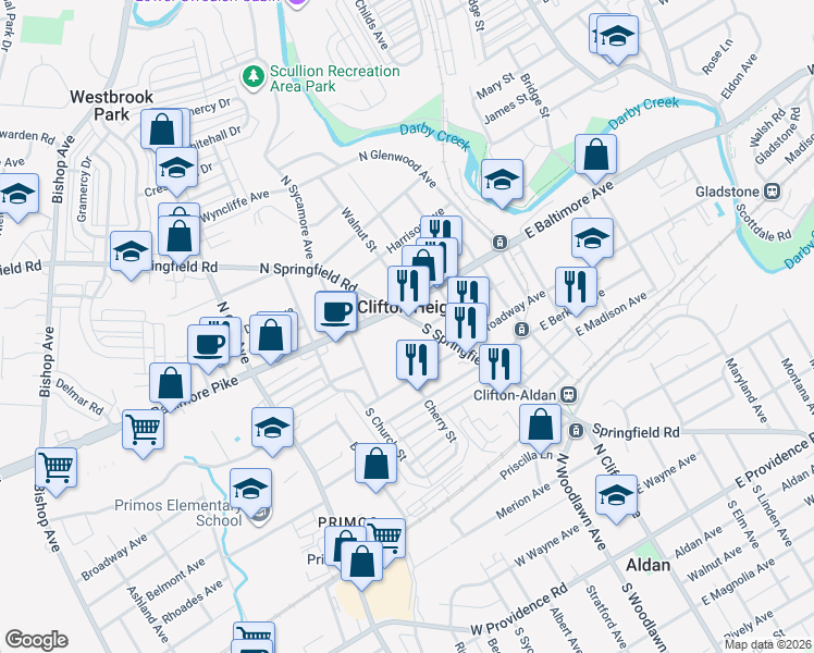 map of restaurants, bars, coffee shops, grocery stores, and more near 22 North Springfield Road in Clifton Heights