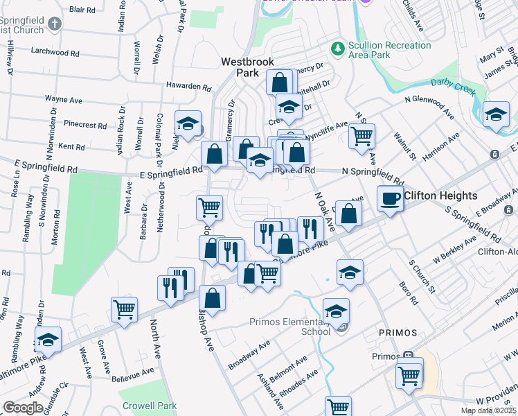 map of restaurants, bars, coffee shops, grocery stores, and more near 5242 Fairhaven Road in Clifton Heights