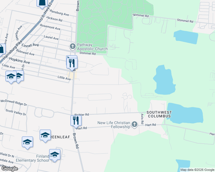 map of restaurants, bars, coffee shops, grocery stores, and more near 1369 Little Avenue in Columbus