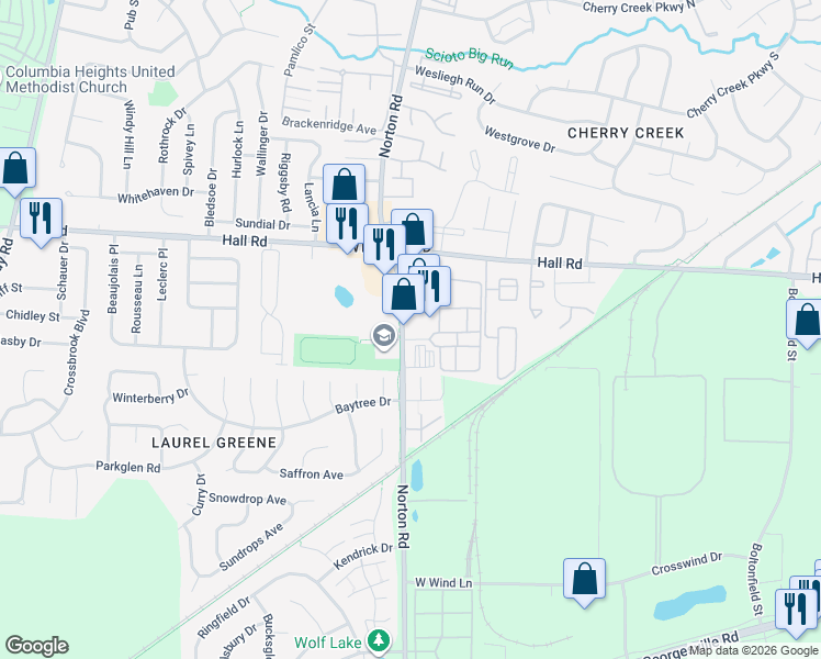 map of restaurants, bars, coffee shops, grocery stores, and more near 1144 Norton Road in Columbus