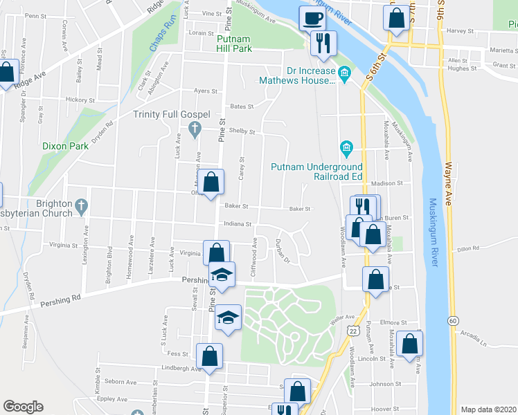 map of restaurants, bars, coffee shops, grocery stores, and more near 701 Cliffwood Avenue in Zanesville