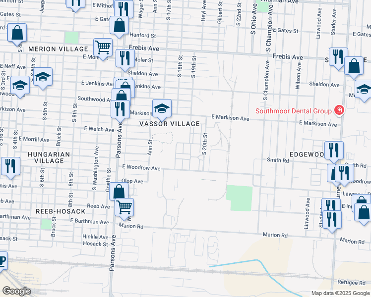 map of restaurants, bars, coffee shops, grocery stores, and more near 645 East Morrill Avenue in Columbus