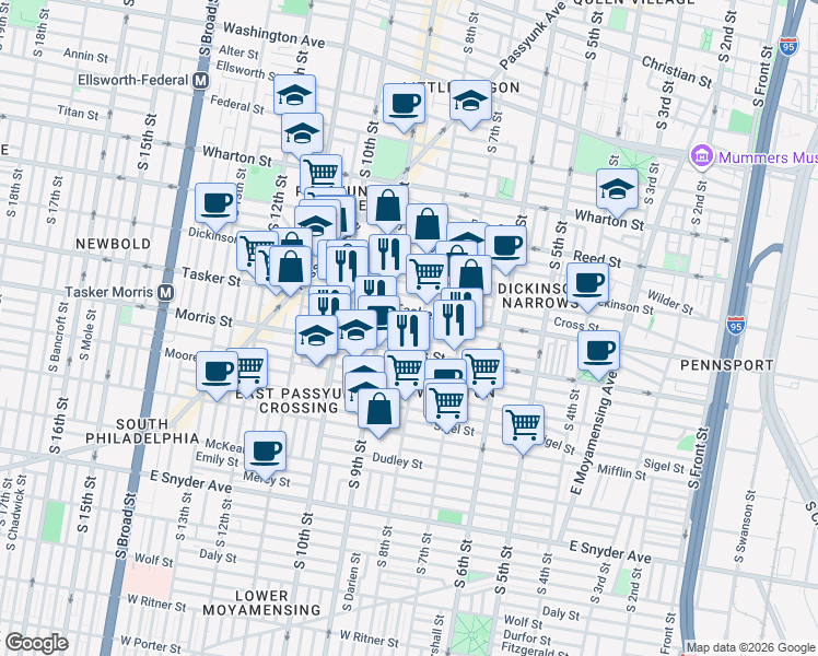 map of restaurants, bars, coffee shops, grocery stores, and more near 808 Fernon Street in Philadelphia