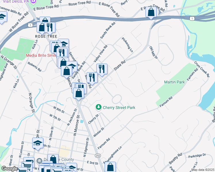 map of restaurants, bars, coffee shops, grocery stores, and more near 8 S Overhill Rd in Media