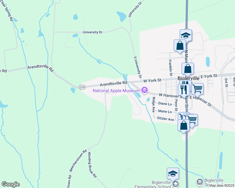map of restaurants, bars, coffee shops, grocery stores, and more near 40 Clearview Lane in Biglerville